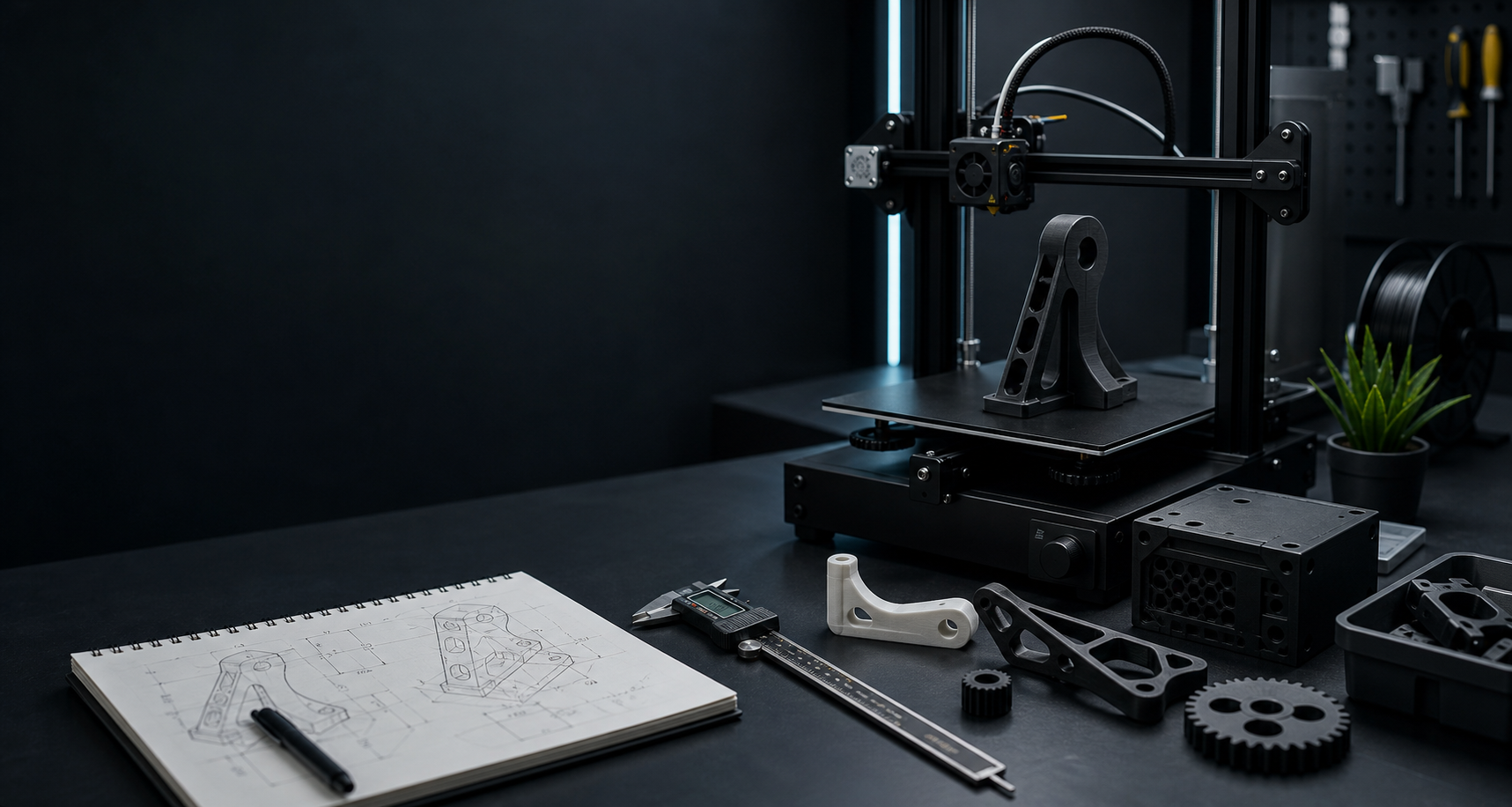 3D printed prototype parts and design tools on a dark studio desk